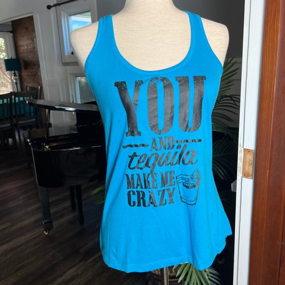 YOU AND TEQUILA MAKE ME CRAZY blue tank top Size Small EUC - Picture 6 of 6